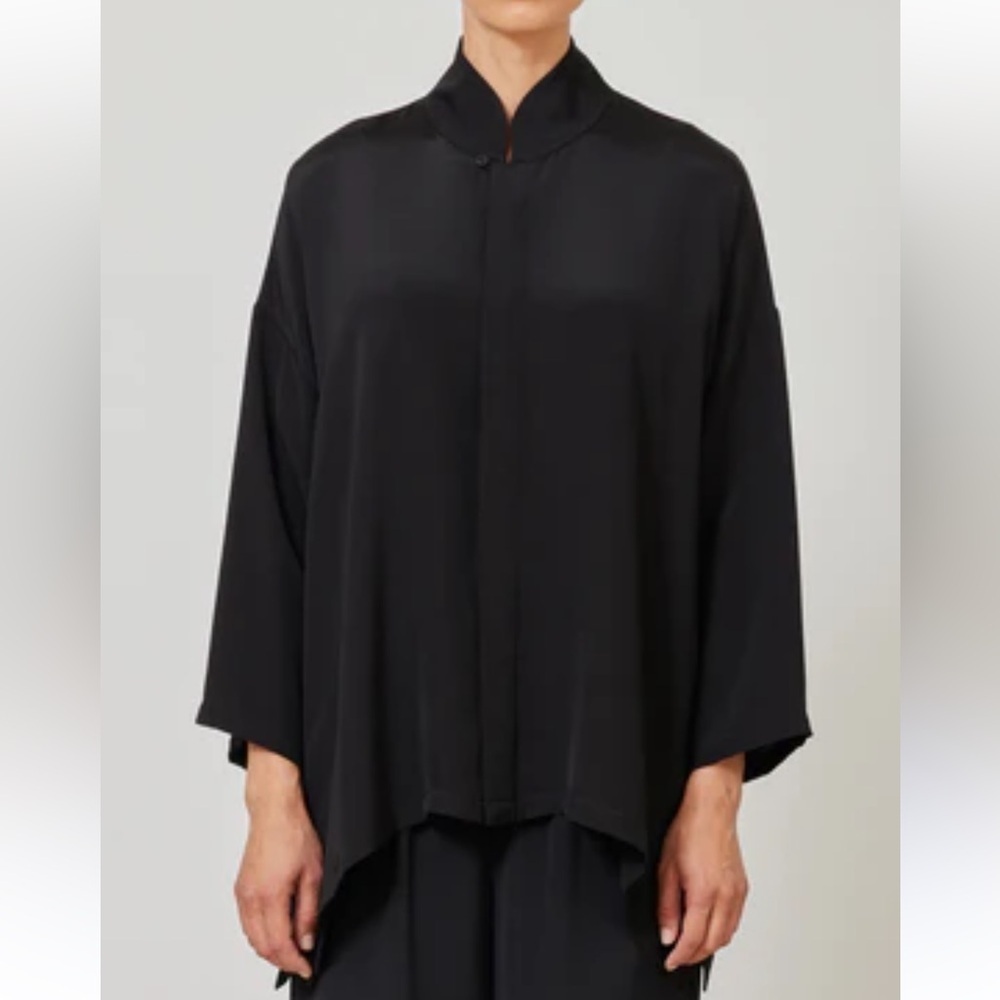 Eskandar Black Wide A-Line Button Down Mandarin Collar Cotton Blouse Size 0